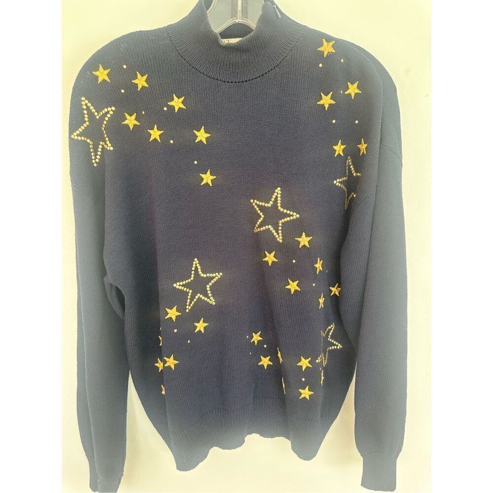 St. John Separates Womens Mock Neck Embroidered Gold Star Knit Sweater Size S